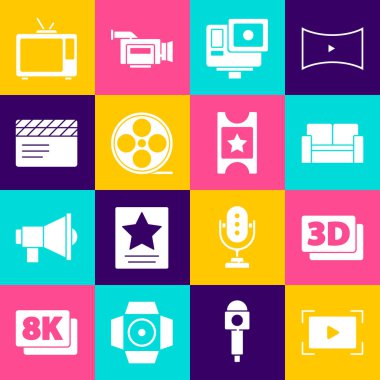 Online video oynat 3D kelime Cinema koltuk Action kamera ekstrem film makaralı film reçeli Retro TV ve bilet ikonu. Vektör.