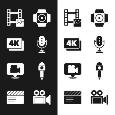 Mikrofon 4k Ultra HD Oynat Video Film Spot Işığı Kamera ve konum Cinema kamera ve alkışlama simgesi. Vektör.