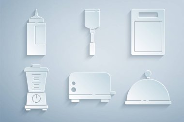 Tepsi Spatula ve sos şişesi ikonu ile kaplı tost makinesini hazırla. Vektör.