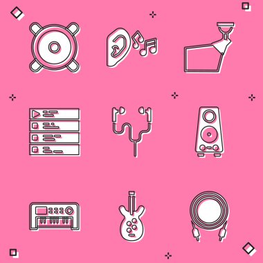 Stereo hoparlörünü ayarla. Ses sinyalini dinle. Movie spot ışığı müzik listesi, kulaklık sentezleyici ve elektronik bas gitar ikonu. Vektör.