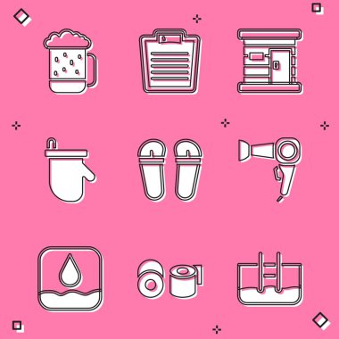 Tahta bira bardağı banyo terazisi sauna ahşap banyo eldiveni parmak arası terlik saç kurutma makinesi su damlası ve tuvalet kağıdı rulo ikonu. Vektör.