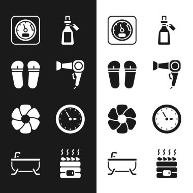 Saç kurutma makinesi terliklerini sauna termometresi esans yağ şişesi çiçek saati sıcak sauna taşları ve küvet ikonu olarak ayarla. Vektör.