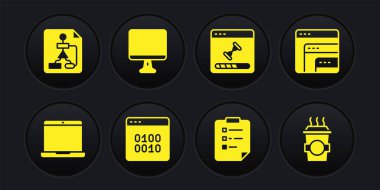 Bilgisayarlı Yazılım İkili Kod Panosu 'nu, kontrol listesi, bilgisayar monitörü, kahve fincanı ve akış çizelgesi simgesi yüklemesi ile ayarla. Vektör.