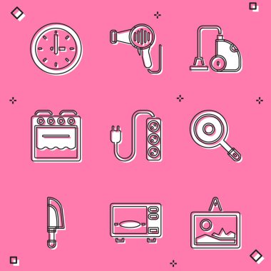 Saat Saç Kurutma Makinesi Elektrikli Elektrikli Elektrikli Fırın Uzatma Tava Bıçağı ve Mikrodalga Fırın ikonunu ayarla. Vektör.