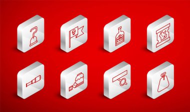 Rom şişesi, hazine haritası, göz bandı, zar ve Spyglass teleskop objektifi ikonuyla korsan çuval bayrağı koyun. Vektör.