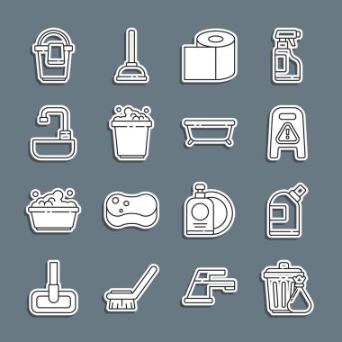 Çöp tenekesini ve çöp torbasını temizleme ajansı için hazırla. Yerleri ıslatın. Tuvalet kağıdı kovasını sabun köpüğü, lavabo musluğu bezi ve küvet ikonu ile doldur. Vektör.