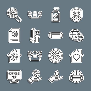 Dünya hattını tıbbi maske, virüs, sıvı antibakteriyel sabun, yüksek insan vücut ısısı, pano, kan testi, virüsü büyüteç ve tıbbi koruyucu ikon altında test edin. Vektör.