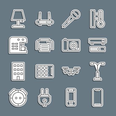 Smartphone Street Light Multimedia ve TV box Microphone Printer Coffee Table Lambası ve Photo kamera ikonu. Vektör.