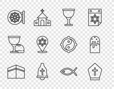 Kabe Camii Papa şapkası Kutsal Kase ya da Kadeh Kilisesi çanı David Christian Fish 'in Dharma tekerlek yıldızı ve Paskalya pastası ikonu. Vektör.