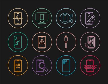 Hat Su geçirmez telefon, cam ekran koruyucusu, ünlem işareti kırık USB kablo ve simgesi olan telefon tamir servisi Mobil 'i ayarla. Vektör.