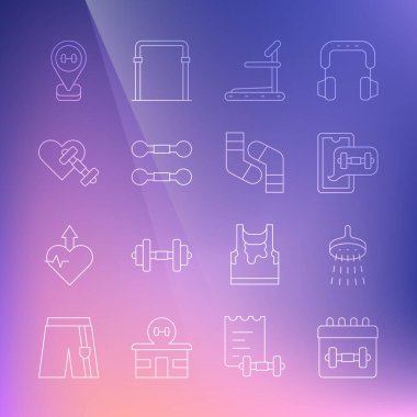 Takvim uygunluğu, duş fitness uygulaması, koşu bandı, kalp konumu spor salonu ve çorap ikonu olan Dumbbell 'ı ayarla. Vektör.