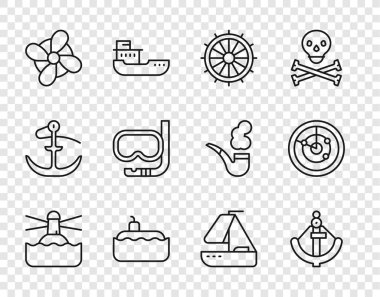 Hat Deniz Feneri Çapa Gemisi Direksiyon Denizaltı Denizaltı Dalış Pervanesi Maskesi ve şnorkel Yat yelkenlisi ve hedef ikonuyla Radar ayarlayın. Vektör.