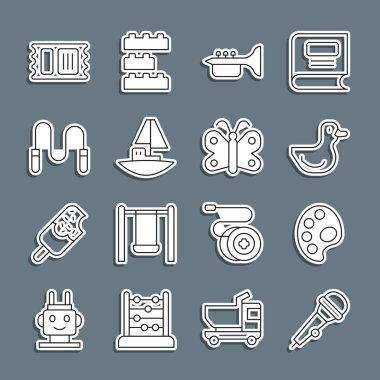 Mikrofon Paleti Plaket Ördek Trompet Oyuncak Teknesi ip atlama Sirk bileti ve Kelebek ikonu. Vektör.