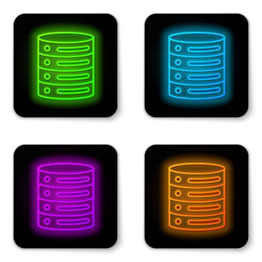 Parlayan neon hattı Sunucu, Data, Web sunucu simgesi beyaz arkaplanda izole edildi. Siyah kare düğme. Vektör.