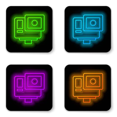 Parlayan neon hattı Aksiyon ekstrem kamera simgesi beyaz arkaplanda izole edildi. Ekstrem sporları çekmek için video kamera ekipmanı. Siyah kare düğme. Vektör.