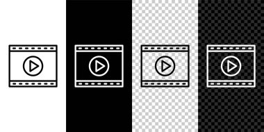 Satır Çevrimiçi oyun video simgesi siyah ve beyaz arkaplanda izole edildi. Oyun işaretli film şeridi. Vektör.