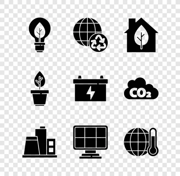 Set Ampoule Avec Feuille Planète Terre Recyclage Maison Écologique Usine — Image vectorielle