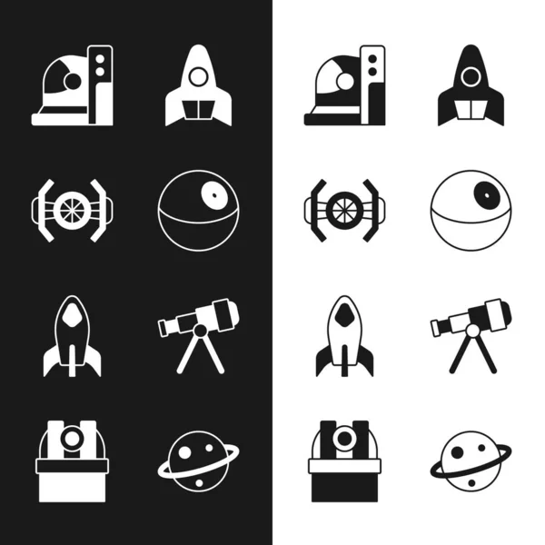 设置行星宇宙飞船宇航员头盔火箭望远镜土星和天文观测台图标 — 图库矢量图片