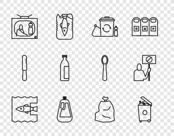 设置生产线 杜绝海洋塑料污染垃圾箱可与回收瓶一起回收利用 用于洗碗液洗浴化妆品管垃圾袋和环保抗议图标 — 图库矢量图片