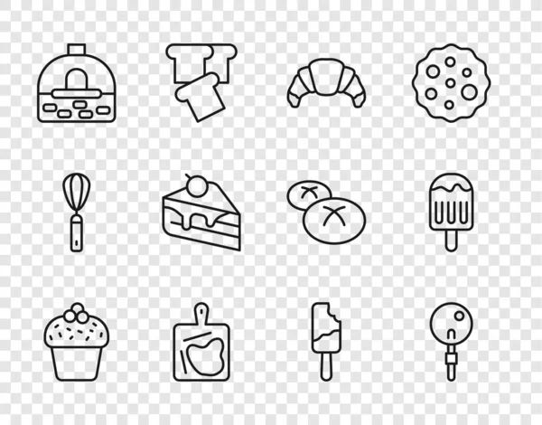 设置线蛋糕棒棒糖羊角切菜板砖炉小块蛋糕冰淇淋和图标 — 图库矢量图片