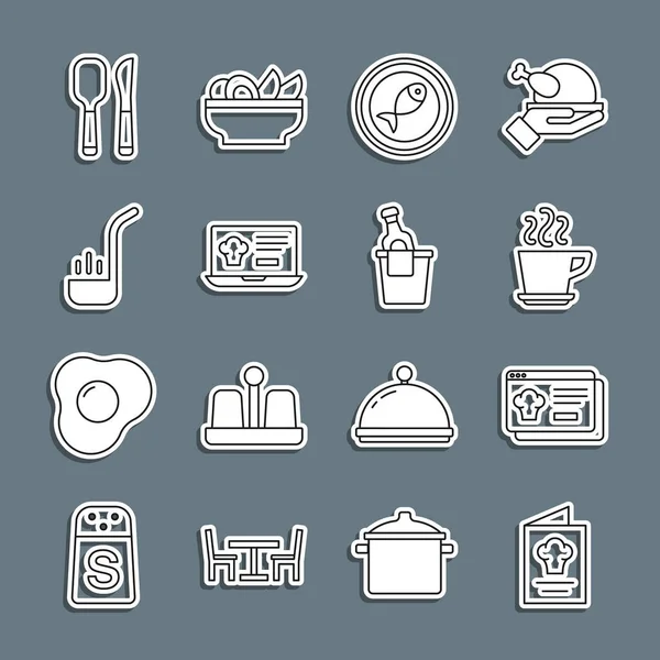 设置在线烹饪手册在线订购和交付咖啡杯服务鱼盘 厨房勺子和香槟冰桶图标 — 图库矢量图片
