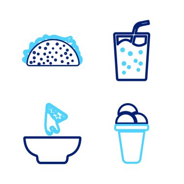 Dondurmalı cipsi bardakta su ve Taco tortilla ikonuyla hazırla. Vektör.