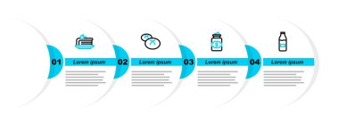 Sütlü kavanoz şekerli ekmek ve kek ikonuyla sıraya dizilsin. Vektör.