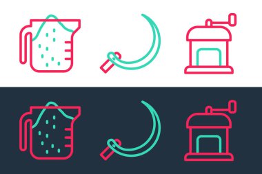 Manüel kahve öğütücüsü ölçme kabı ve orak simgesini ayarla. Vektör.