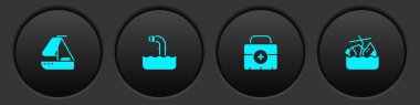 Yat yelkenlisi Periscope ilk yardım çantasını ve batan yolcu gemisi simgesini ayarla. Vektör.
