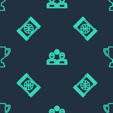 Çizgili basketbol oyuncuları, video oyunu ve ödül kupasını kusursuz bir şablona ayarla. Vektör.