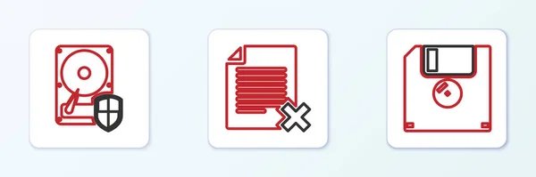 Установите Линию Floppy Disk Защита Жесткого Диска Удалите Значок Документа — стоковый вектор