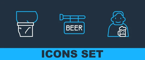 Set Line Hombre Feliz Con Cerveza Vientre Cerveza Icono Letrero — Archivo Imágenes Vectoriales