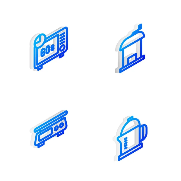 Set Isometric Line Ruční Mlýnek Kávu Mikrovlnka Elektronické Váhy Francouzský — Stockový vektor