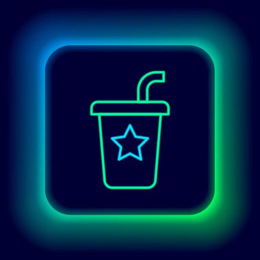 Siyah zemin üzerinde saman ve su ikonu olan parlak neon şeritli kağıt bardak. Soda bardağı. Taze soğuk içecek sembolü. Renkli taslak konsepti. Vektör.