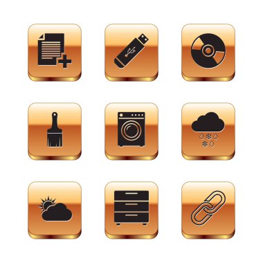 Yeni dosya ekle Sun ve Mobilya Mobilya Komodininin Üstü Boyalı Fırça ve CD veya DVD disk simgesi ekle. Vektör.