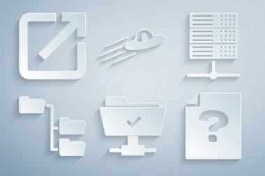 FTP işlemini başarılı Sunucu Veri Sunucusu Web Sunucu Ağacı Bilinmeyen belge UFO uçan uzay gemisi ve uzaylı ve yeni pencere simgesi aç. Vektör.