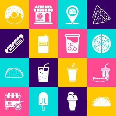 Tortilla Soda ve Sosisli Pizza Lokasyon Burger Biralı Sosisli Sandviç Donut ve Glass Water ikonuyla Taco hazırla. Vektör.