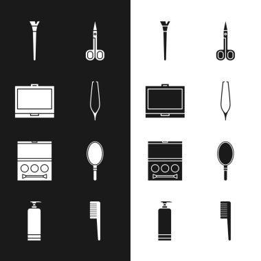 Kaş cımbızı makyaj tozunu ayna fırçası, makas paleti, el fırçası ve krem kozmetik tüp ikonu ile ayarla. Vektör.