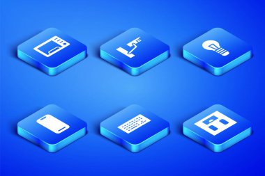 Banyo ölçeklerini ayarla mikrodalga fırın klavye akıllı telefon güvenlik kamerası ve ampul ikonu. Vektör.