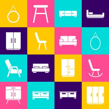 Kostüm Koltuğu Ayna Sandığı 'nı ve kanepe simgesini ayarla. Vektör.