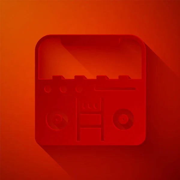 Paper Cut Home Stereo Met Twee Luidsprekers Pictogram Geïsoleerd Rode — Stockvector