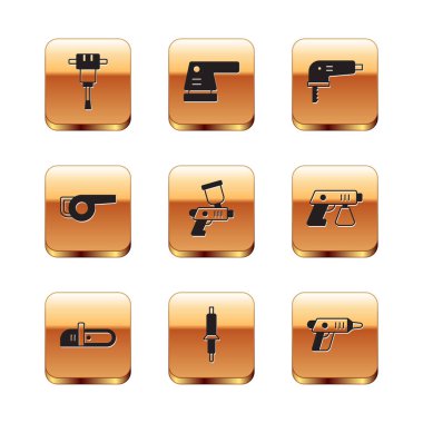 İnşaat matkabı, testere testeresi, boya sprey tabancası, yaprak, elektrik testeresi, kablosuz tornavida ve zımpara ikonu hazırla. Vektör.