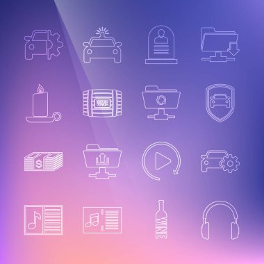 Araba servisi koruması ya da sigorta Tombstone, şarap yakma şamdanı ve FTP senkronizasyon tazeleme ikonu için RIP yazılı ahşap fıçı. Vektör.