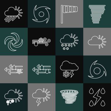 Fırtına Kasırgası Bulutlu Koni Rüzgar Rüzgarı 'nı ve kar güneşi ve ikonuyla yağmuru ayarlayın. Vektör.