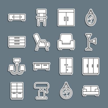 Koltuk döşeme lambası Kol Koltuğu çekmeceleri ve ikonu ayarlayın. Vektör.