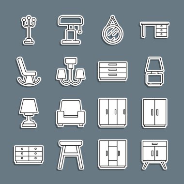 Çekmece sandığı, gardırop masası lambası, Ayna Avizesi Kol Koltuğu büfesi ve simgesi. Vektör.