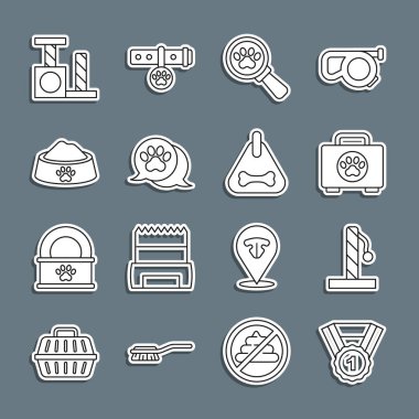 Pet 'in ilk yardım çanağı, veterinerlik kliniği patisi, yemek kasesi ve tasma ikonu. Vektör.