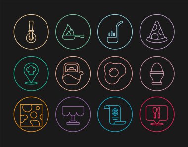 Sabit hat, kafe ve restoran yeri Tavuk yumurtası tezgahı mutfak kepçesi kepçesi, aşçı şapkalı pizza bıçağı, omlet ve kızartma tavası ikonu. Vektör.