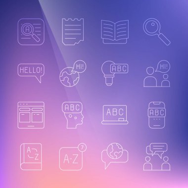 Satır 2: Oturan adam yabancı dil konuşuyor açık kitap yabancı diller öğreniyor Merhaba farklı tercüman ve yaratıcı lamba ışığı fikri ikonu. Vektör.