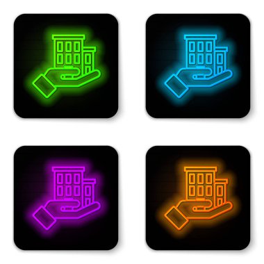 Parlayan neon hattı House sigorta ikonu beyaz arka planda izole edildi. Güvenlik, güvenlik, koruma, konsept koruma. Siyah kare düğme. Vektör..